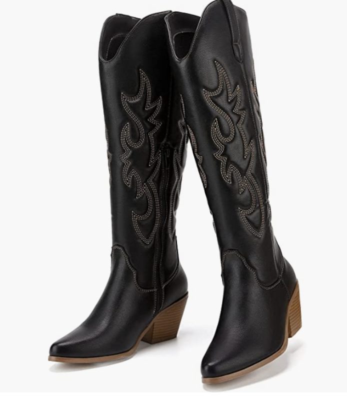 Black-knee-high-cowboy-boots | Sonia Begonia Black Cowboy Shoes