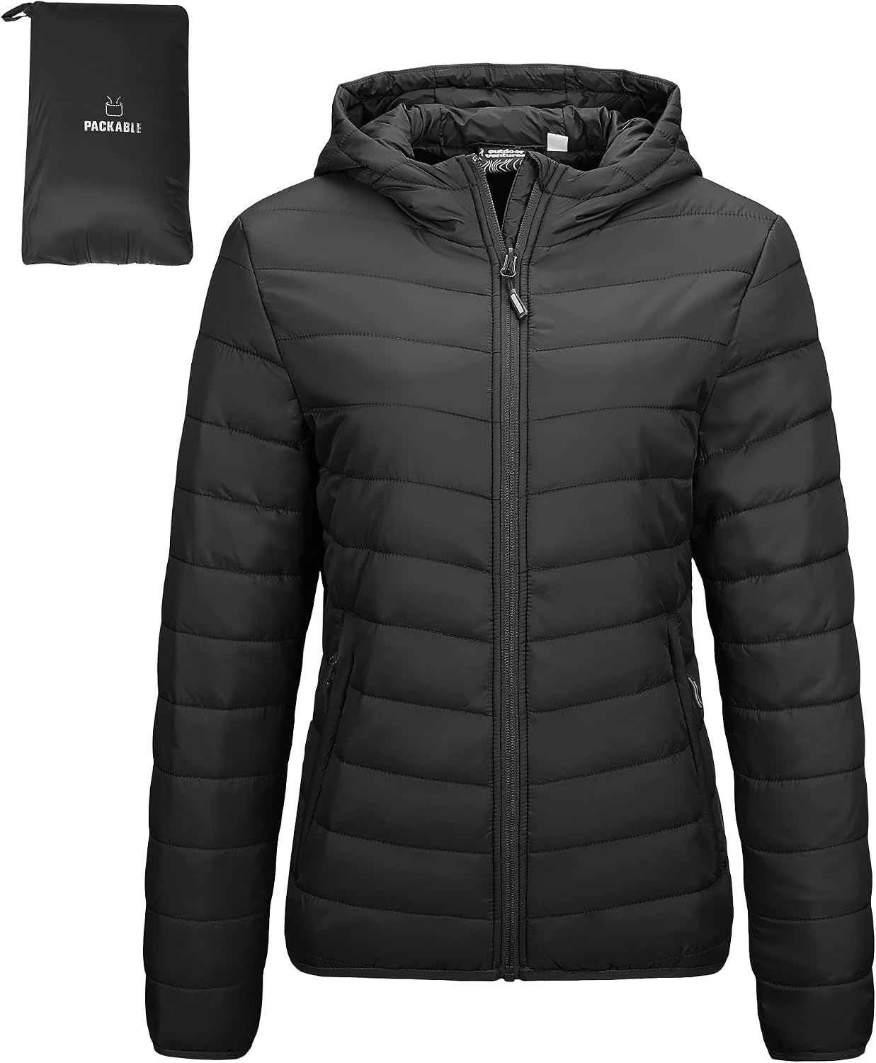 Outdoor Ventures black packable lightweight puffer jacket with hood from Amazon, an Arc'teryx Atom jacket alternative