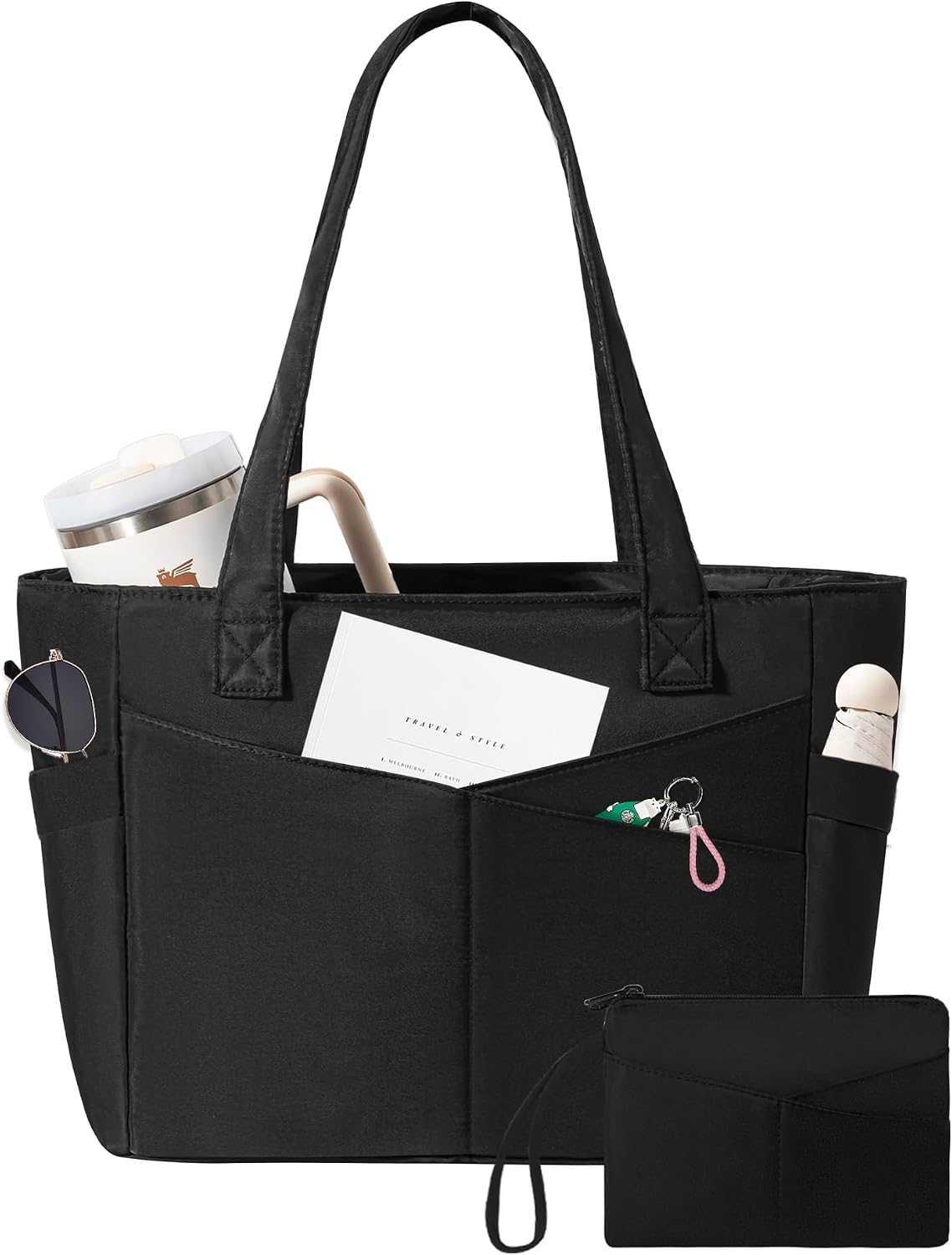 Black nylon work tote with zipper and laptop sleeve from Amazon, a Tory Burch Ella tote look alike