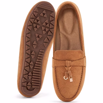 Brown suede slip-on loafer with a small metal charm from Walmart, a Loro Piana loafers look alike
