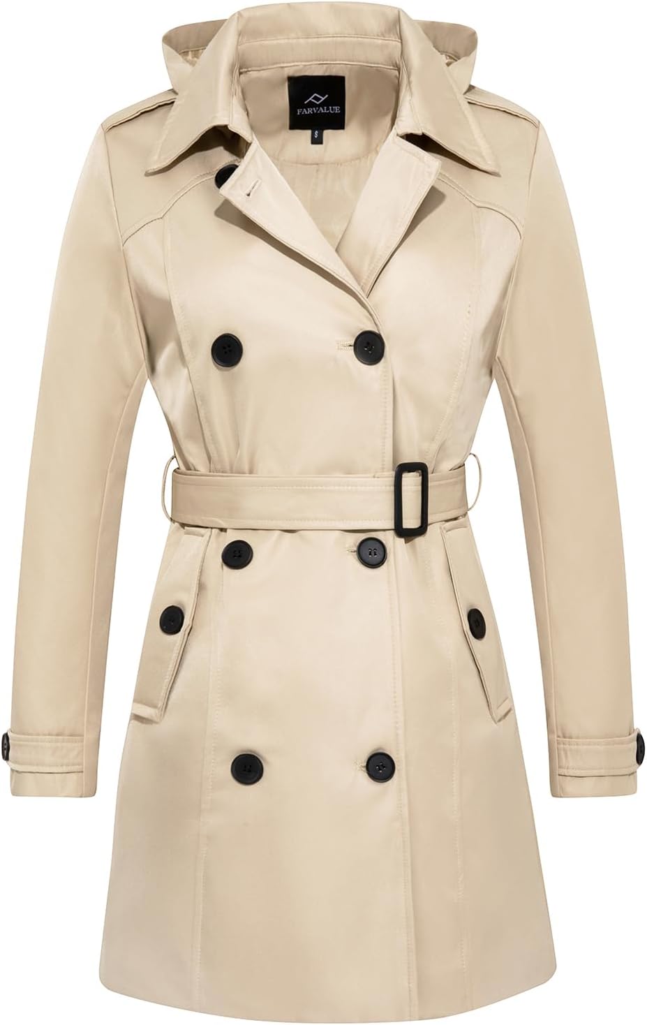 FARVALUE khaki double breasted belted trench coat from Amazon, a Burberry trench coat alternative