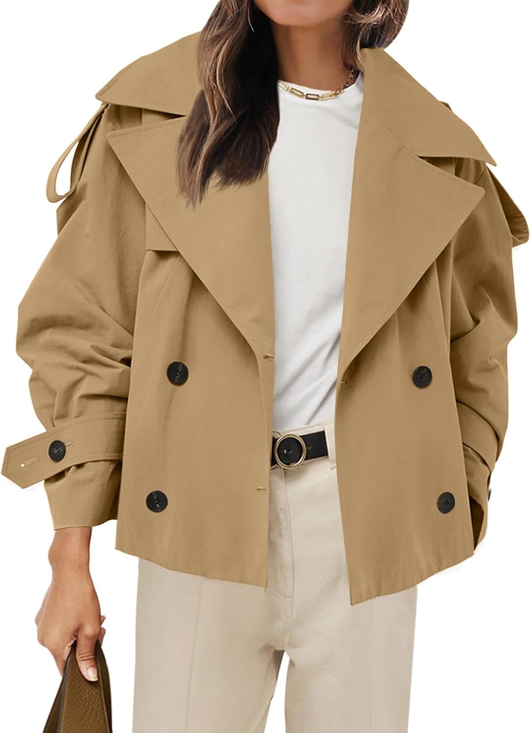 Tankaneo khaki cropped double breasted trench jacket with belt from Amazon, a Burberry trench coat alternative