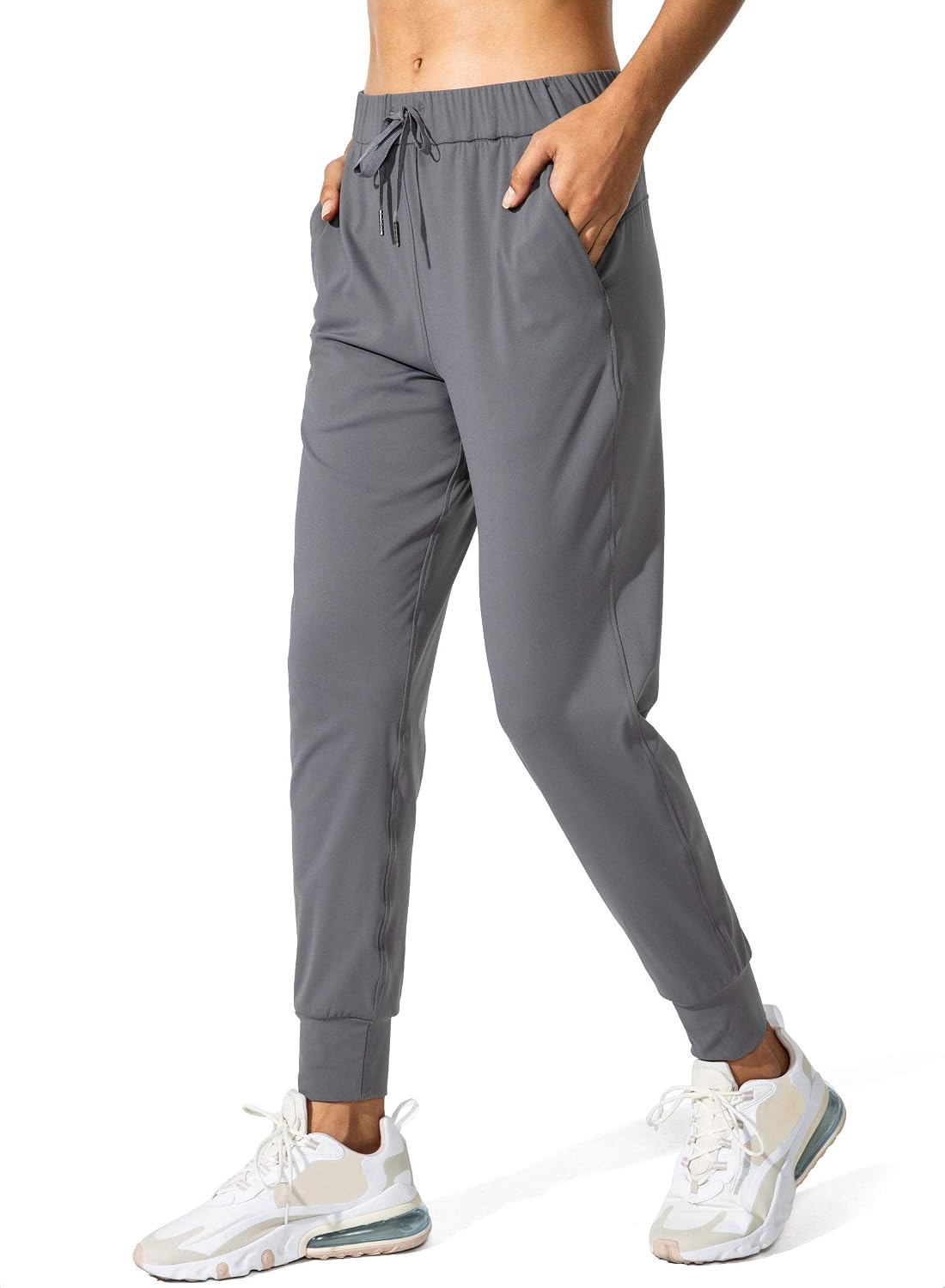 Dark gray stretchy women's joggers with pockets from Amazon, a Vuori joggers alternative