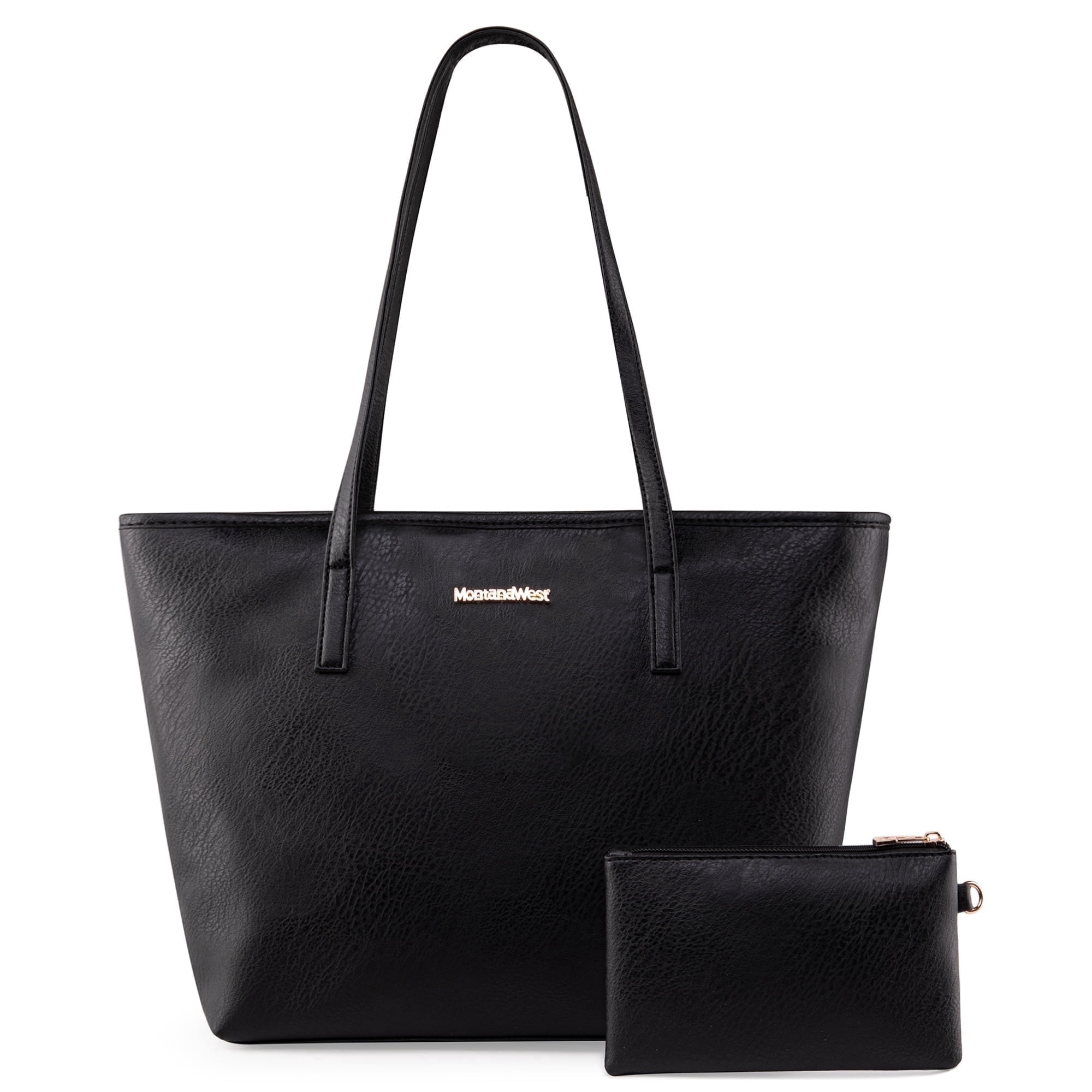 Montana West black vegan leather tote bag with small pouch from Walmart, a Cuyana tote alternative
