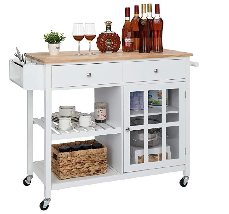 Best-coffee-carts-1 | Sonia Begonia A white rolling coffee cart with shelves and counter space.