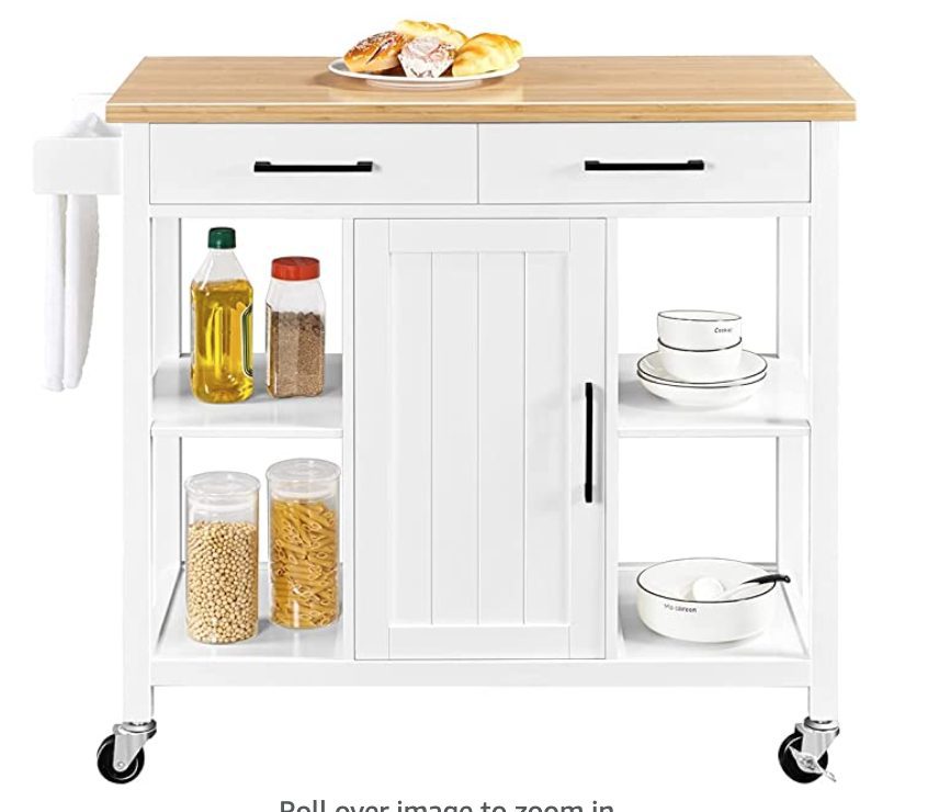 Rolling-coffee-cart-mobile-rolling-1 | Sonia Begonia A white barn-style, rustic, mobile coffee bar cart from Amazon.