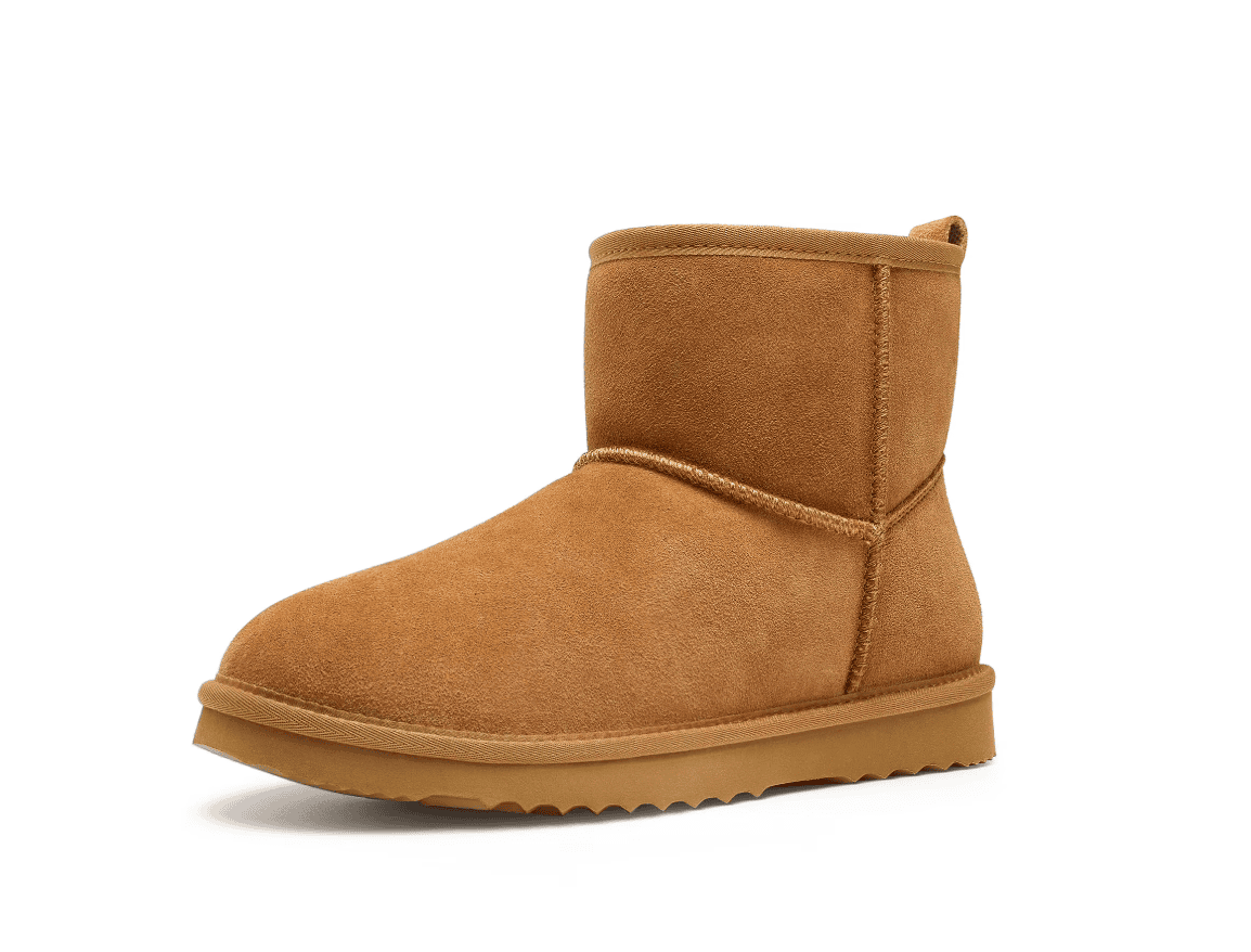 Ugg-alternatives | Sonia Begonia Tan suede ankle boot with a flat gum sole on a white background, mid-height shaft and visible stitching detail
