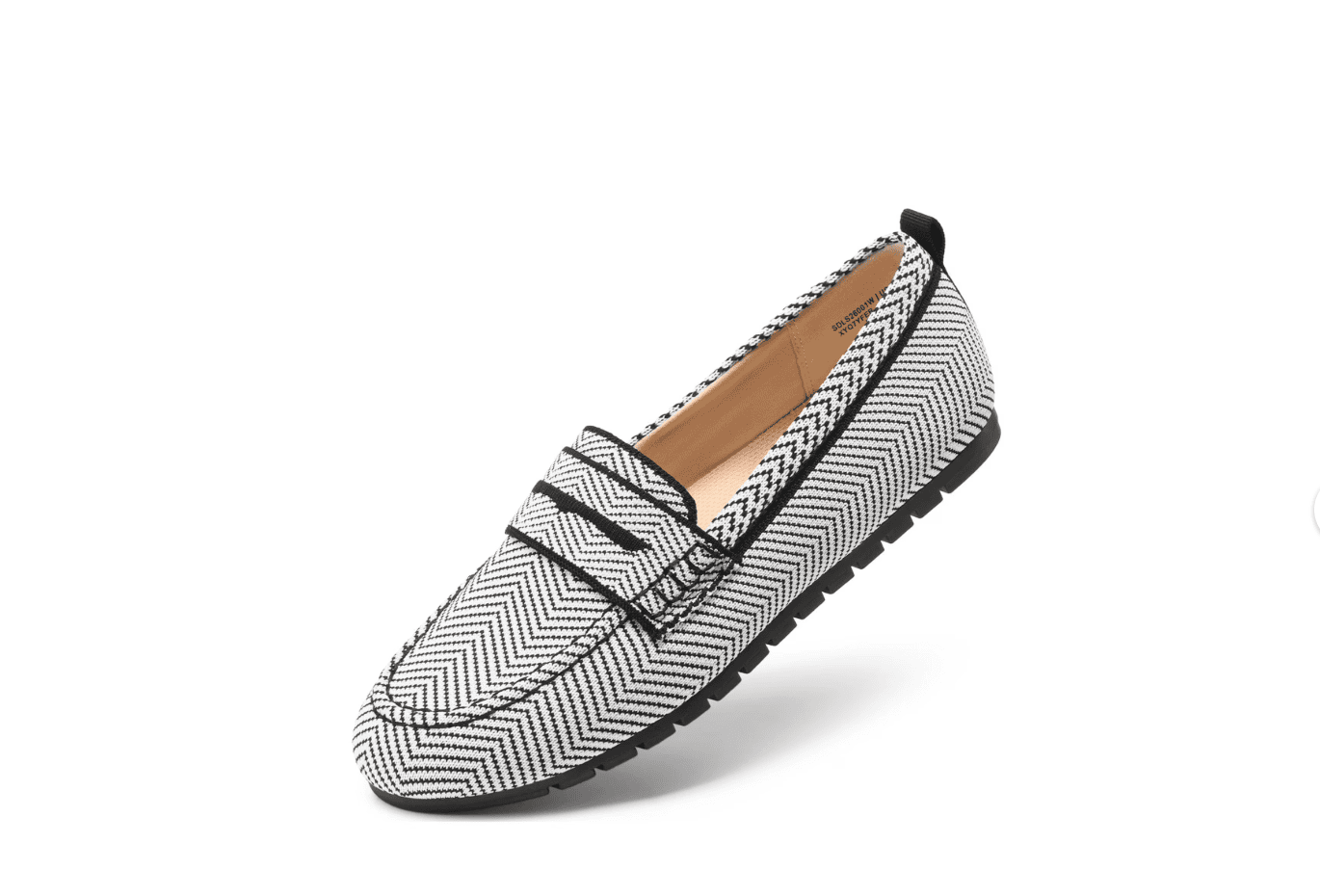Rothys-alternatives | Sonia Begonia Loafer with black-and-white herringbone pattern, suede-like strap across the vamp, shown at an angled side view.