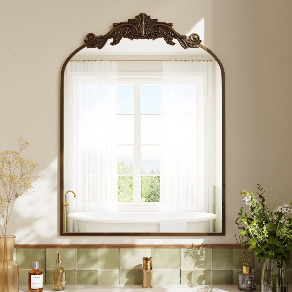 BEAUTYPEAK bronze vintage arched vanity mirror with ornate crown, an Anthropologie mirror dupe