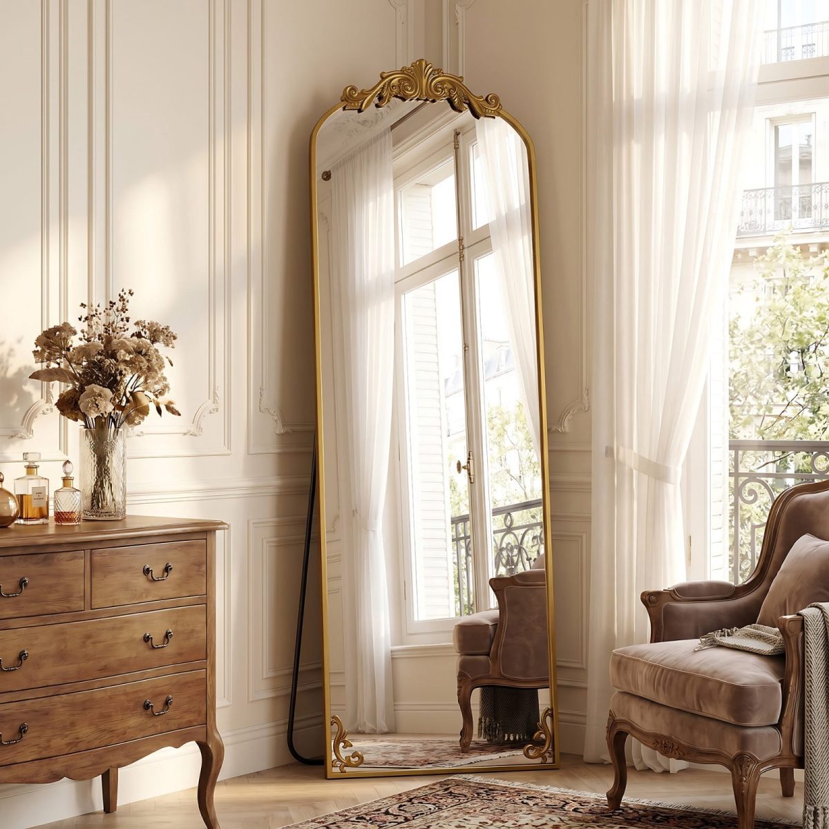 BEAUTYPEAK gold baroque full-length arched mirror, an Anthropologie Gleaming Primrose floor mirror dupe