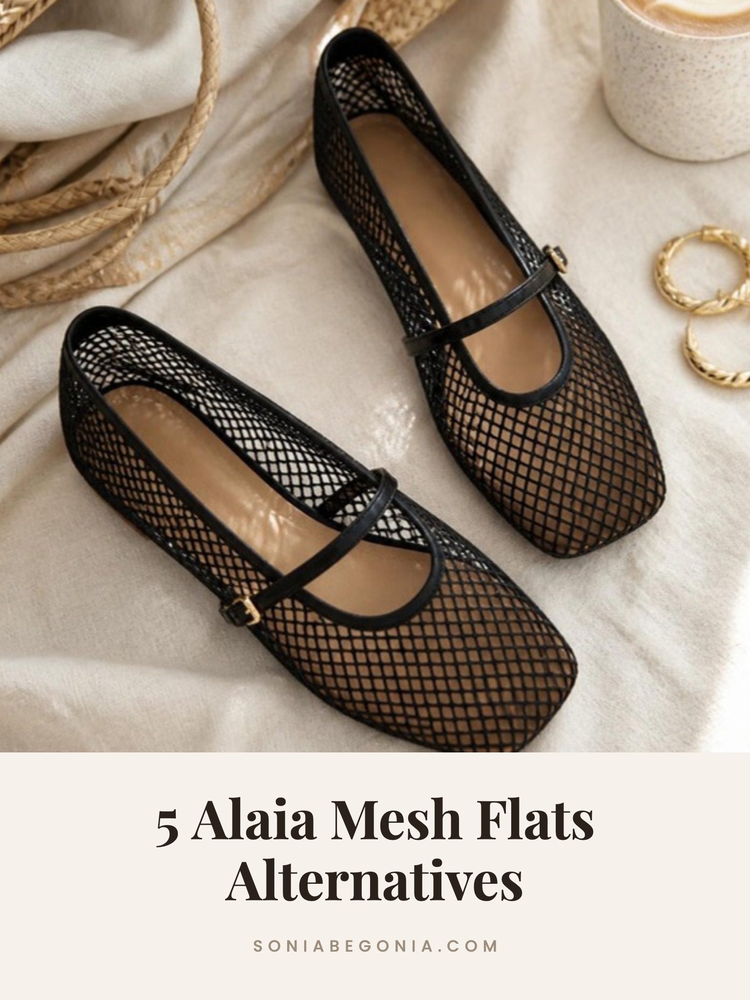 Alaia mesh flats alternatives: black mesh ballet flats with buckle straps on a cream linen surface