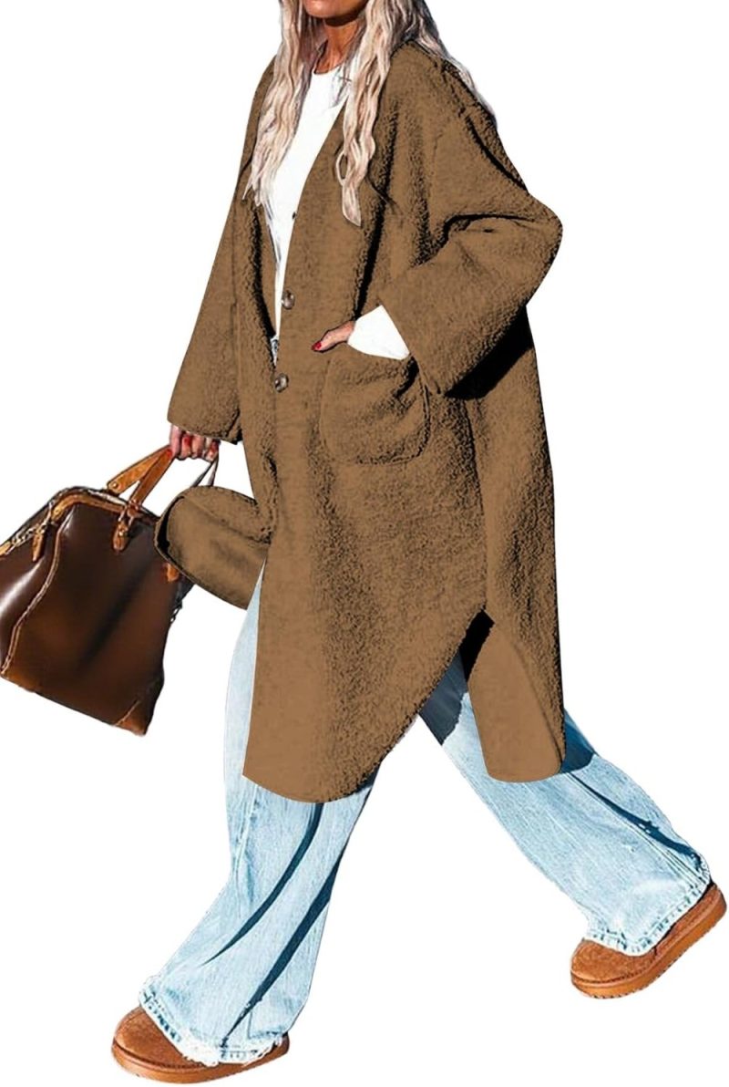 Aoang fluffy teddy bear long coat in camel from Amazon, a Max Mara teddy coat alternative