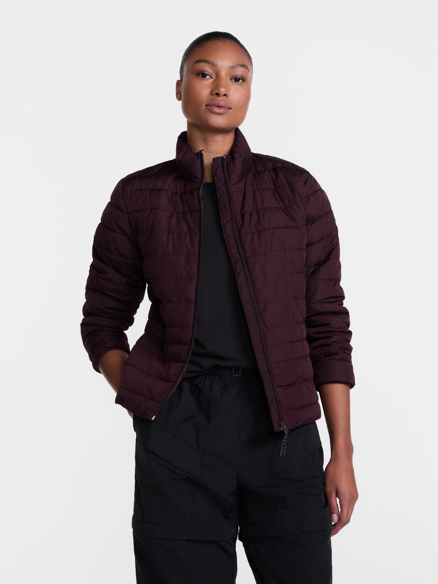 Ozark Trail burgundy quilted puffer jacket with stand collar from Walmart, an Arc'teryx Atom jacket alternative