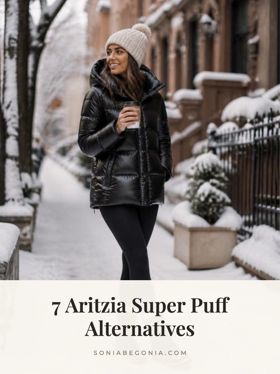Aritzia Super Puff alternatives: woman wearing a glossy black puffer jacket, cream beanie and winter boots on a snowy street
