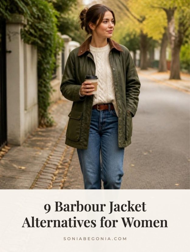 Barbour jacket alternatives for women: woman wearing an olive waxed field jacket, cream cable knit sweater, jeans and brown boots on an autumn street