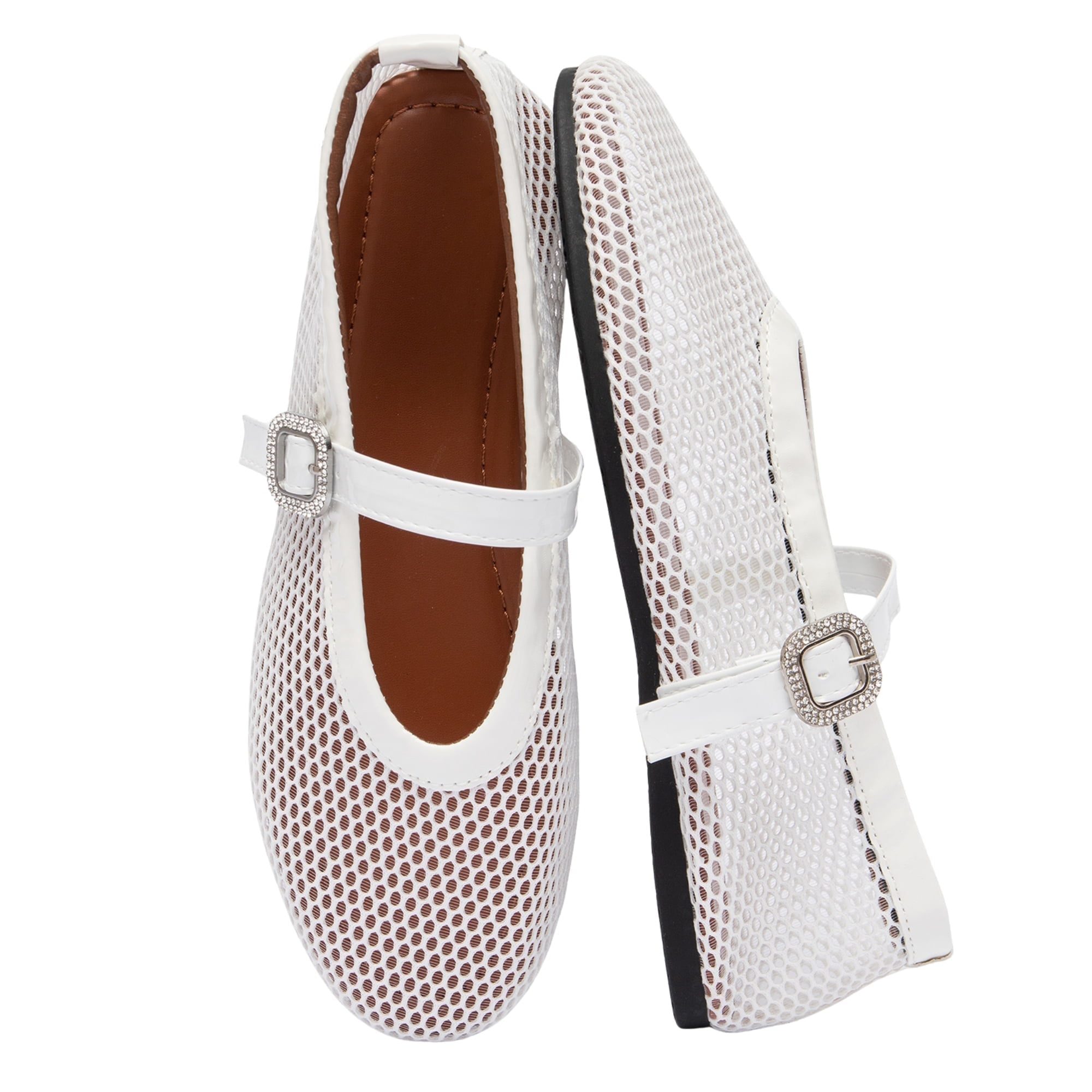 Fishnet mesh Mary Jane flats with a crystal buckle from Walmart, an Alaia mesh flats alternative