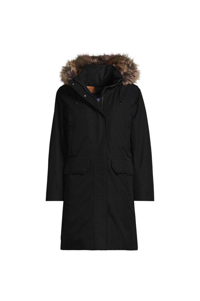 Black down parka with a hood from Lands' End, a Canada Goose parka alternative