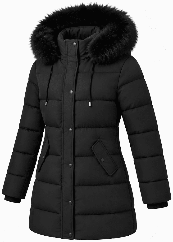 Black fleece lined parka with a detachable faux fur hood from Walmart, a Canada Goose jacket alternative