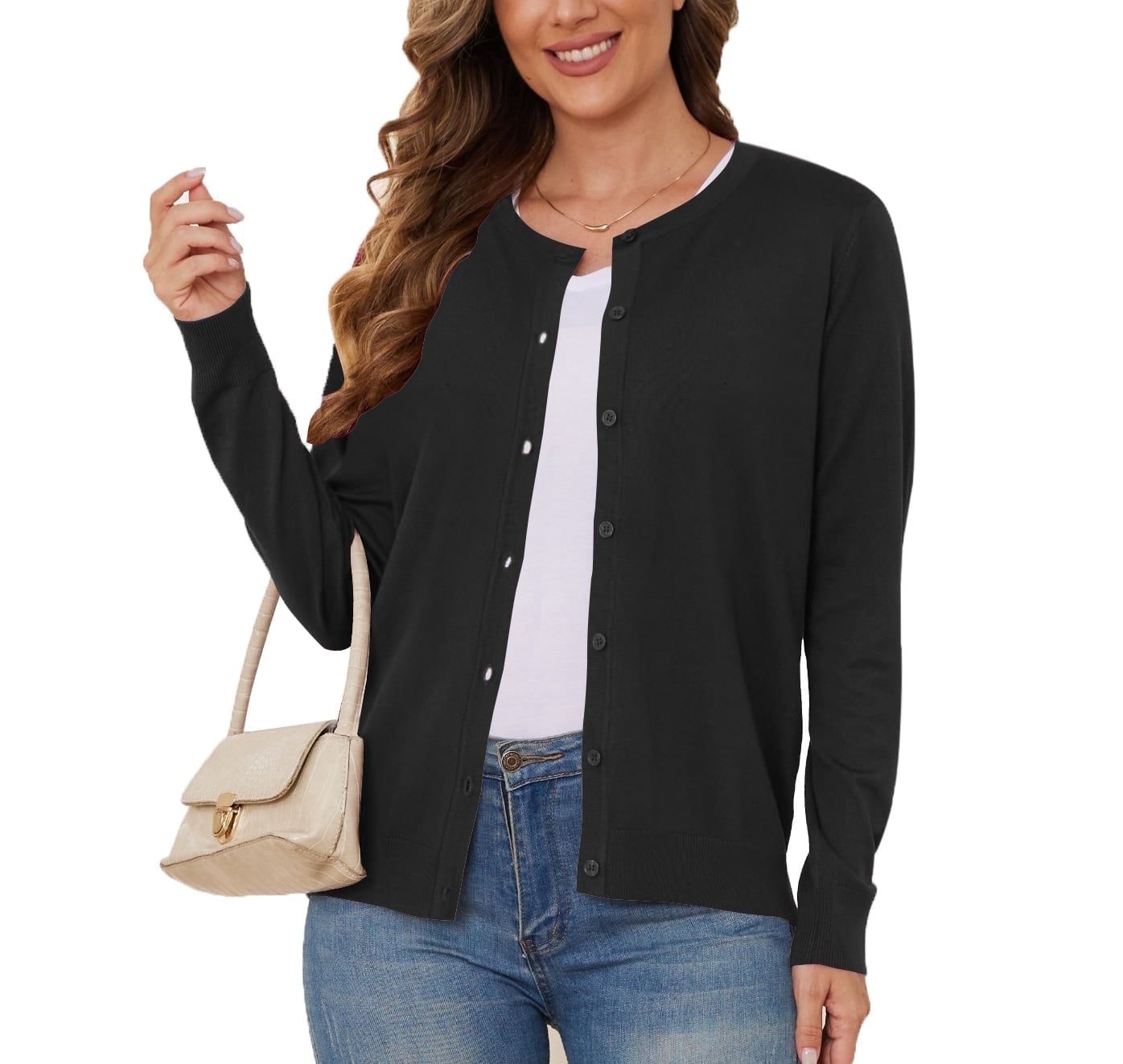 Black lightweight button down cardigan from Walmart, a budget Jenni Kayne cocoon cardigan look alike