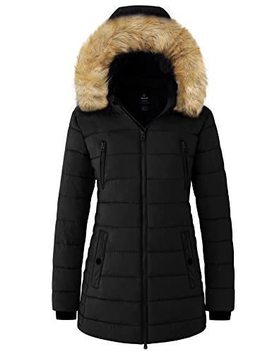 Black long puffer parka with a faux fur hood from Amazon, a Canada Goose jacket alternative