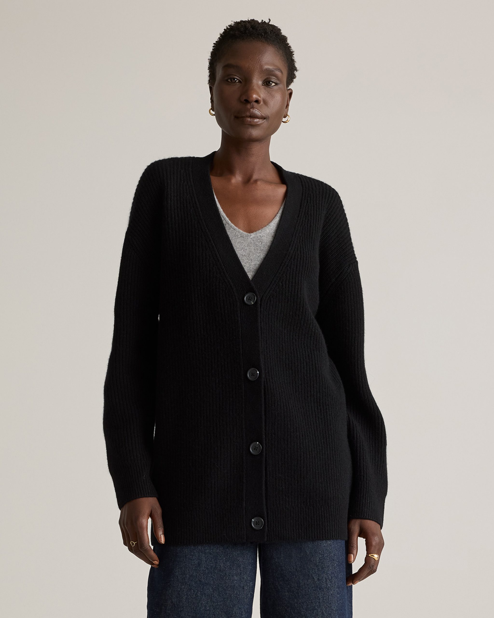 Black oversized Mongolian cashmere boyfriend cardigan from Quince, a Jenni Kayne cocoon cardigan alternative