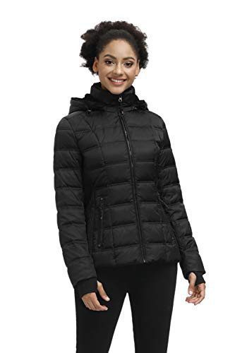 Black SLOW DOWN hooded down puffer jacket from Amazon, a Lululemon Wunder Puff jacket alternative