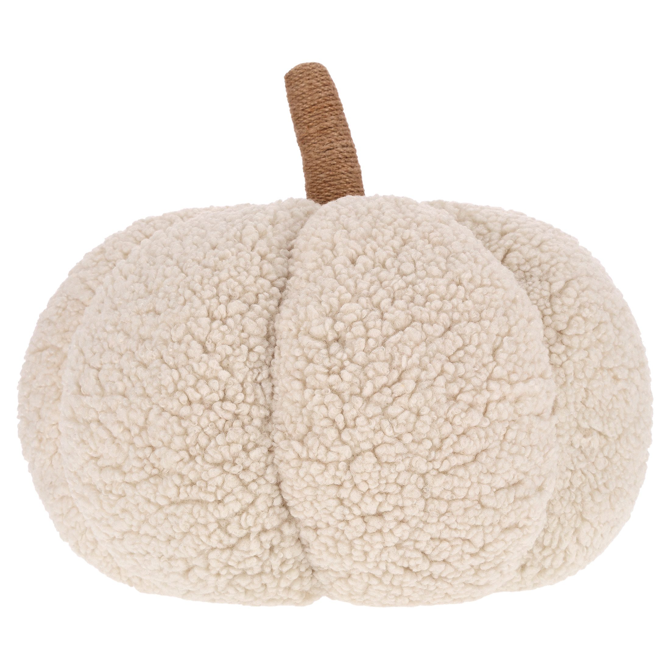 Cream boucle pumpkin pillow from Walmart, a cozy alternative to Pottery Barn velvet pumpkins
