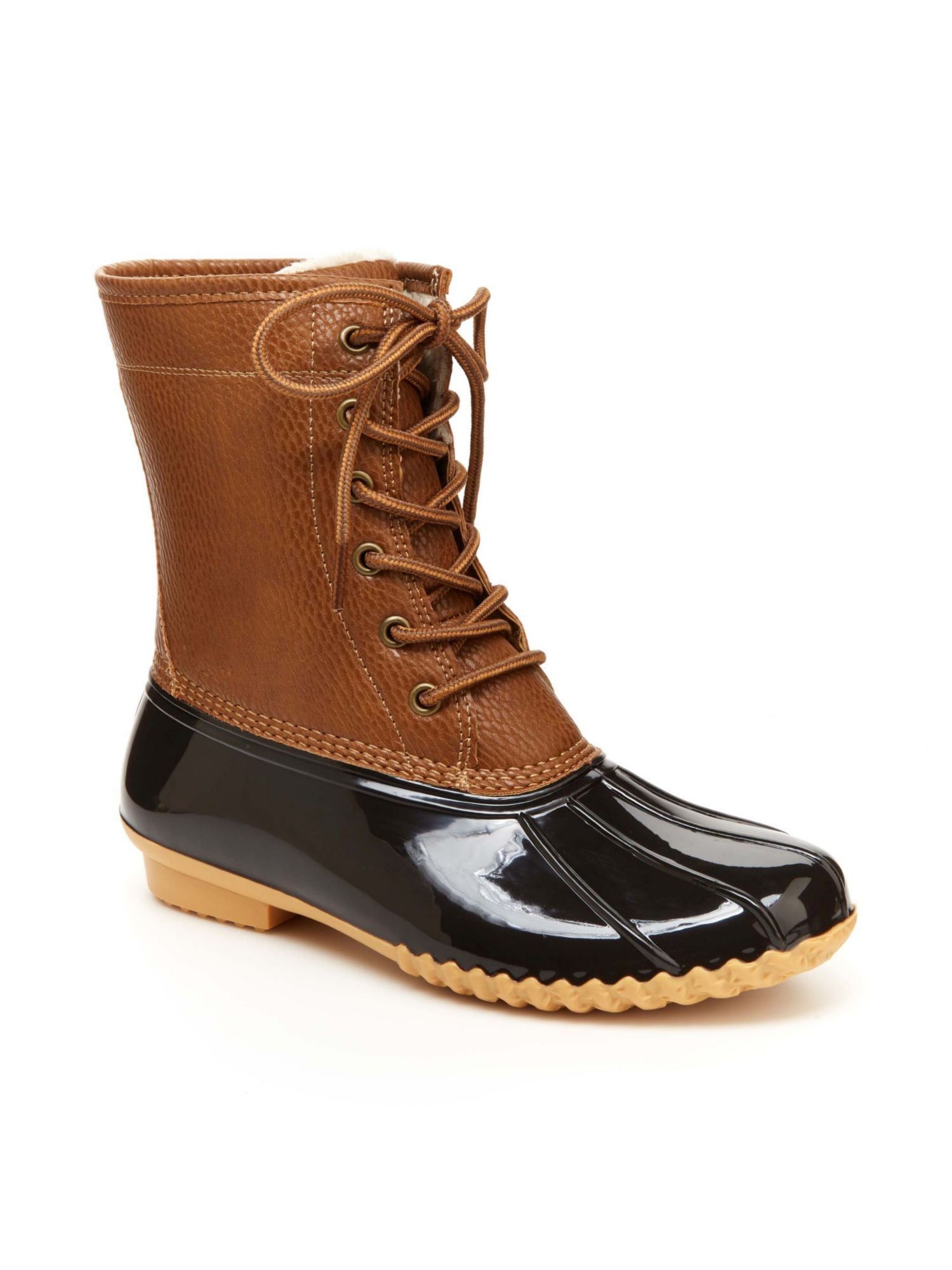 Brown water resistant lace up duck boots from Walmart, an LL Bean boots alternative