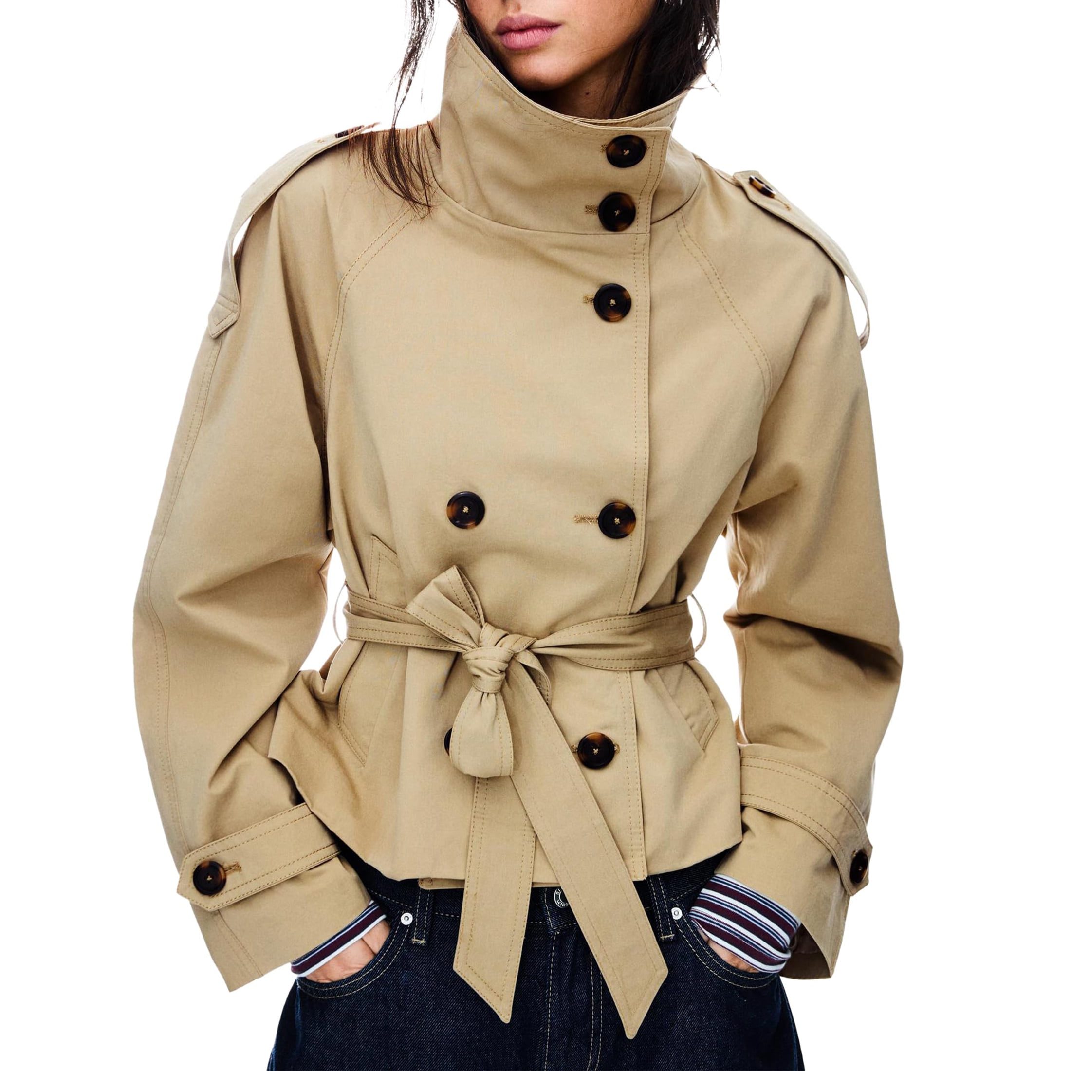 Lentta khaki cropped double breasted trench coat with belt from Walmart, a Burberry trench coat alternative