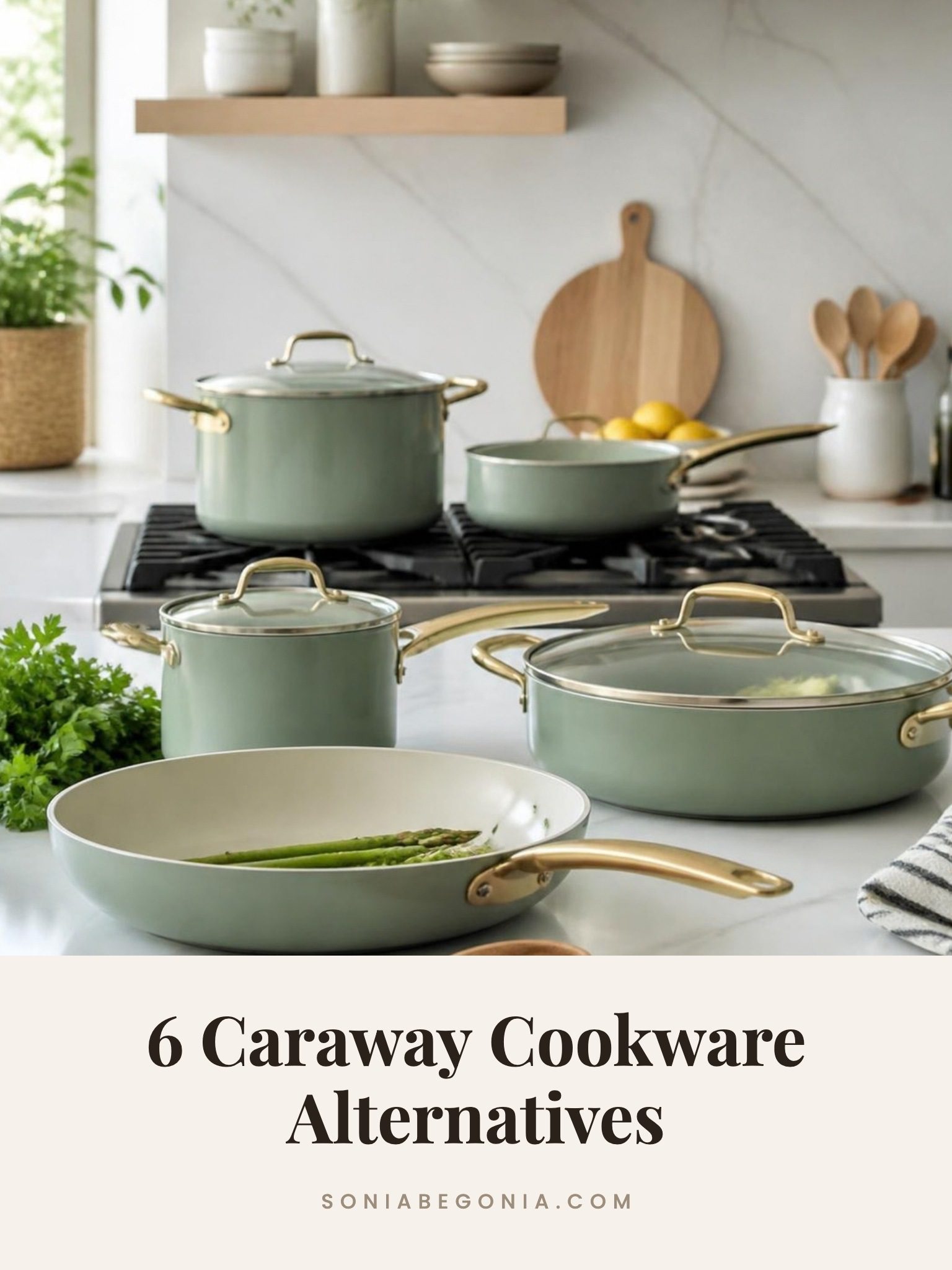 Caraway cookware alternatives: sage green ceramic pots and pans with gold handles on a marble kitchen counter