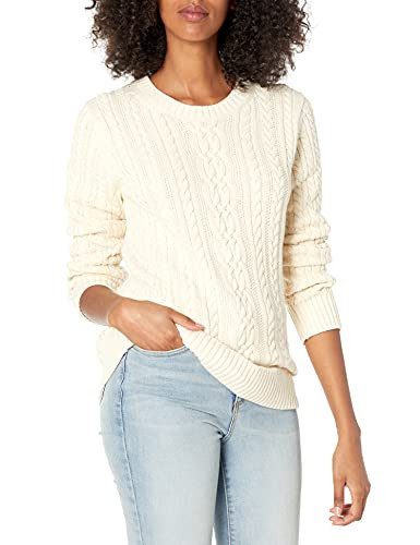 Cream Amazon Essentials soft cotton cable knit crewneck sweater from Amazon, a Ralph Lauren cable knit sweater alternative