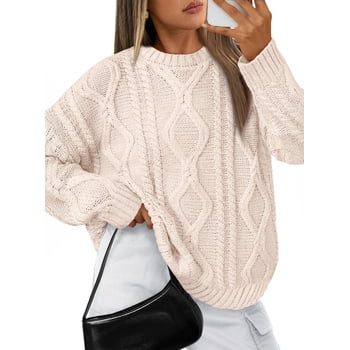 Cream SUNBS oversized cable knit crewneck sweater from Walmart, a Ralph Lauren cable knit sweater look alike