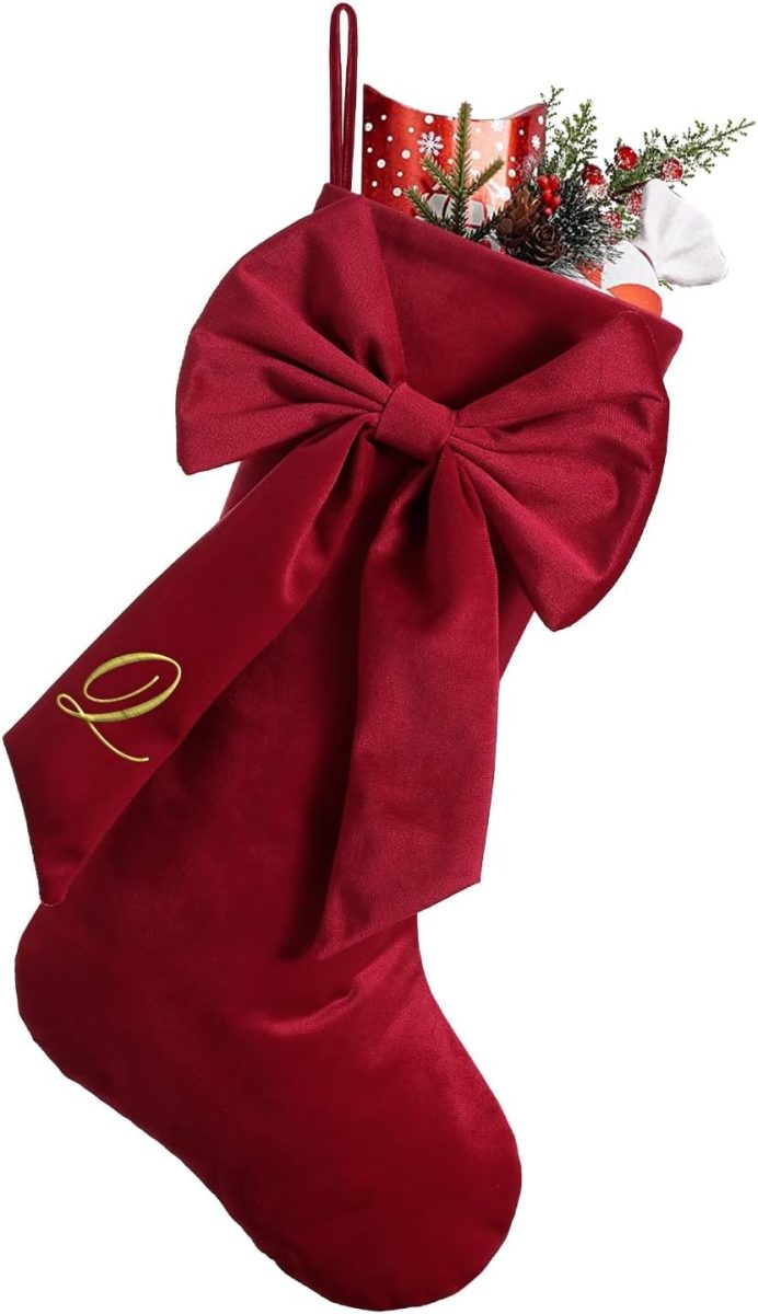 Personalized embroidered velvet Christmas stocking from Amazon, a Pottery Barn velvet stocking look alike