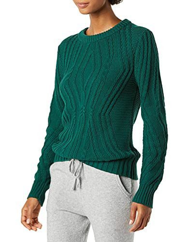 Dark green Amazon Essentials 100 percent cotton cable knit crewneck sweater from Amazon, a Ralph Lauren cable knit sweater alternative