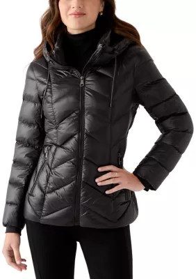 DKNY lightweight shiny hooded puffer coat from Belk, a Moncler jacket alternative