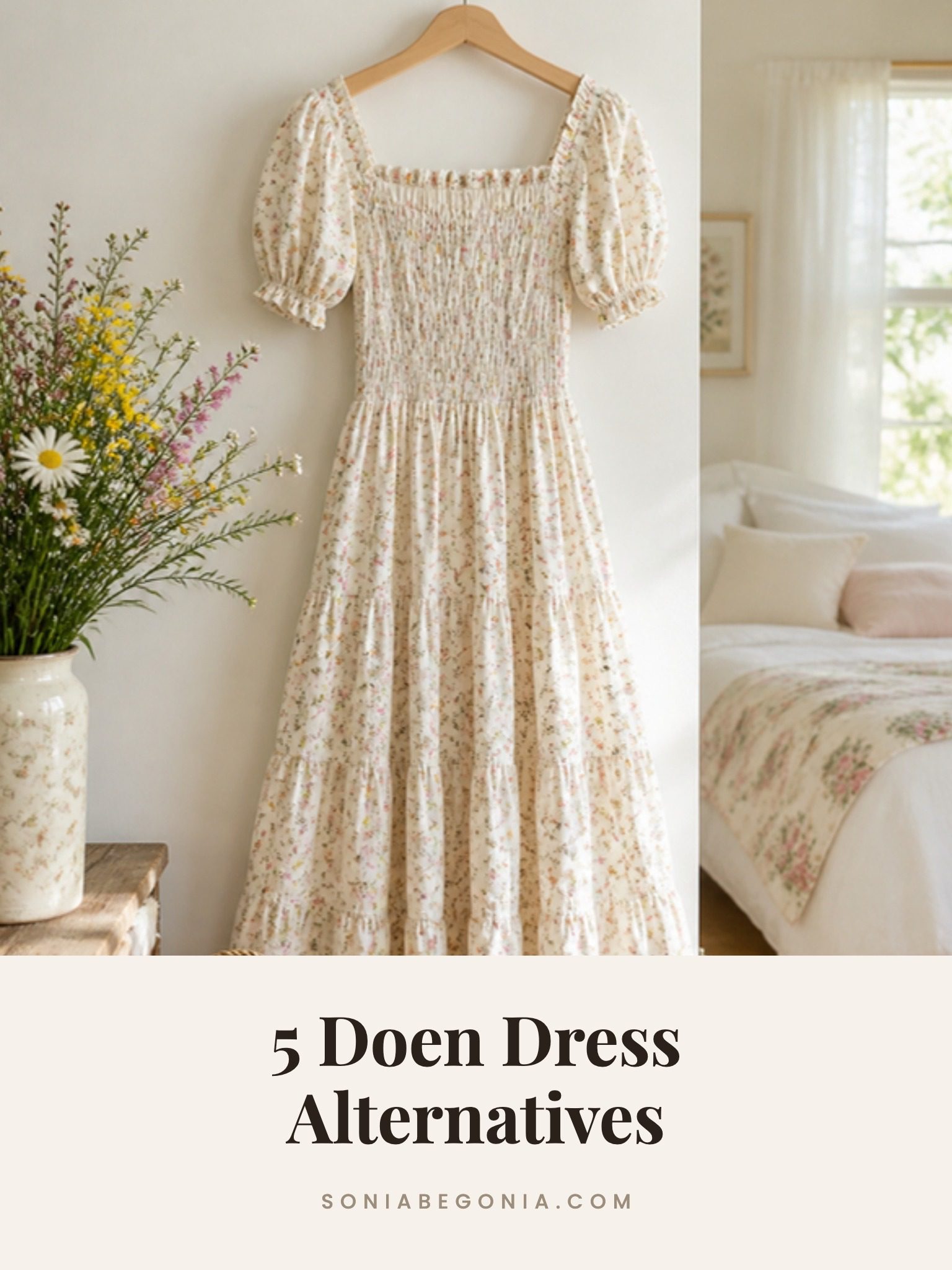 Doen dress alternatives: cream floral smocked midi dress with puff sleeves hanging in a sunny cottage bedroom