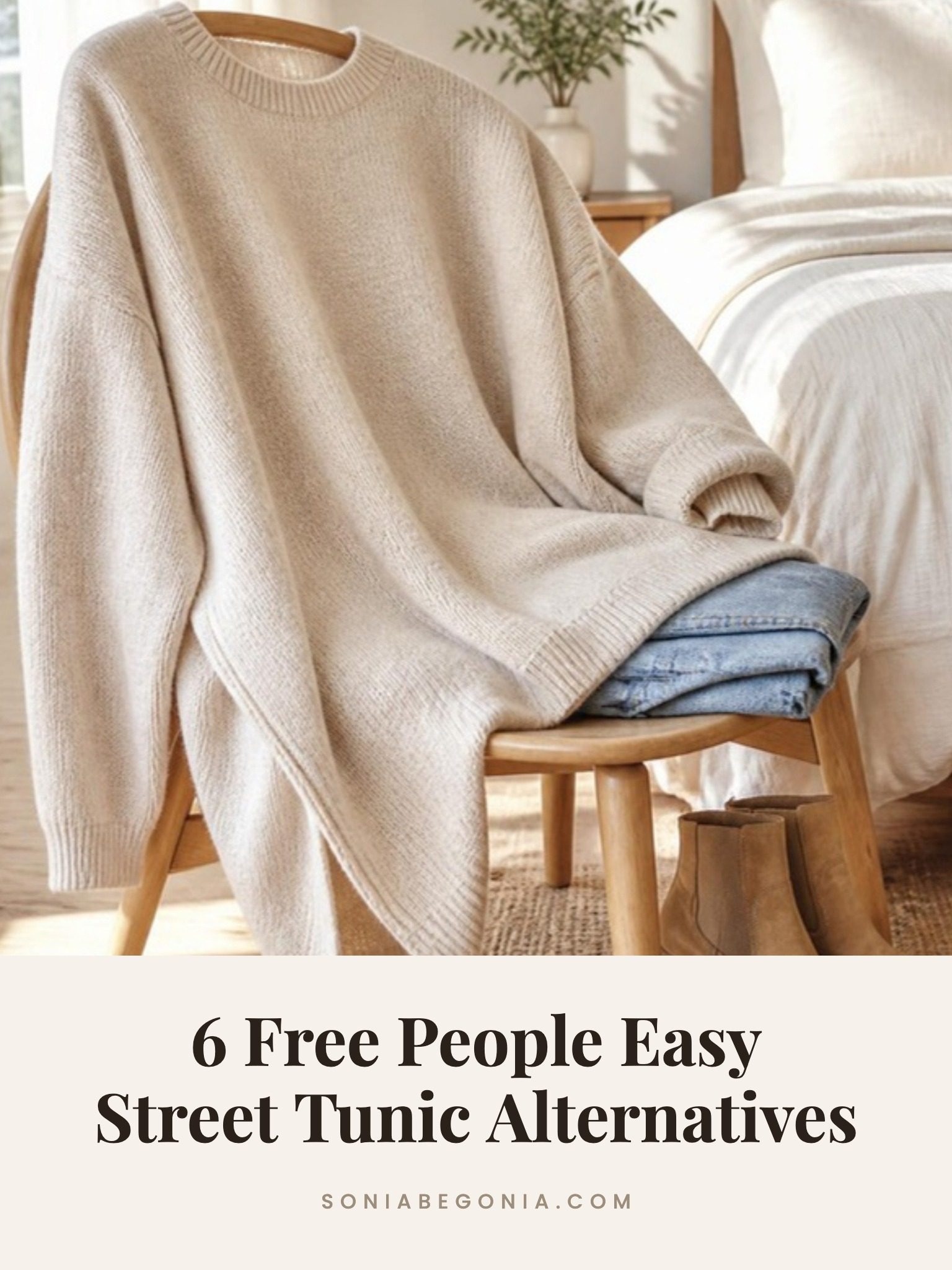 Free People Easy Street tunic alternatives: an oversized oatmeal tunic sweater draped over a wooden chair