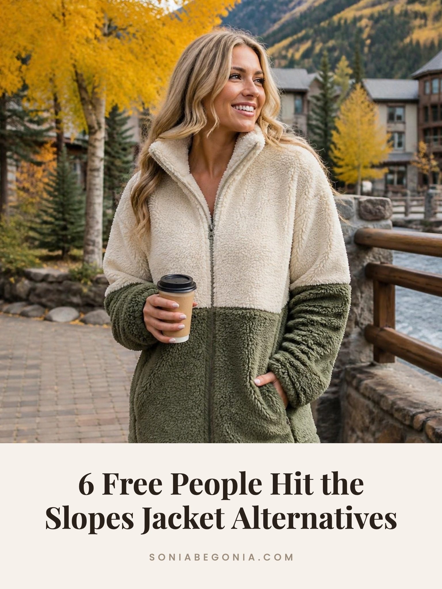 Free People Hit the Slopes jacket alternatives: woman in a cream and olive color block fleece jacket in a mountain town in fall