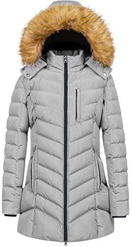 Gray fleece lined long puffer parka with a fur hood from Amazon, a Canada Goose look alike