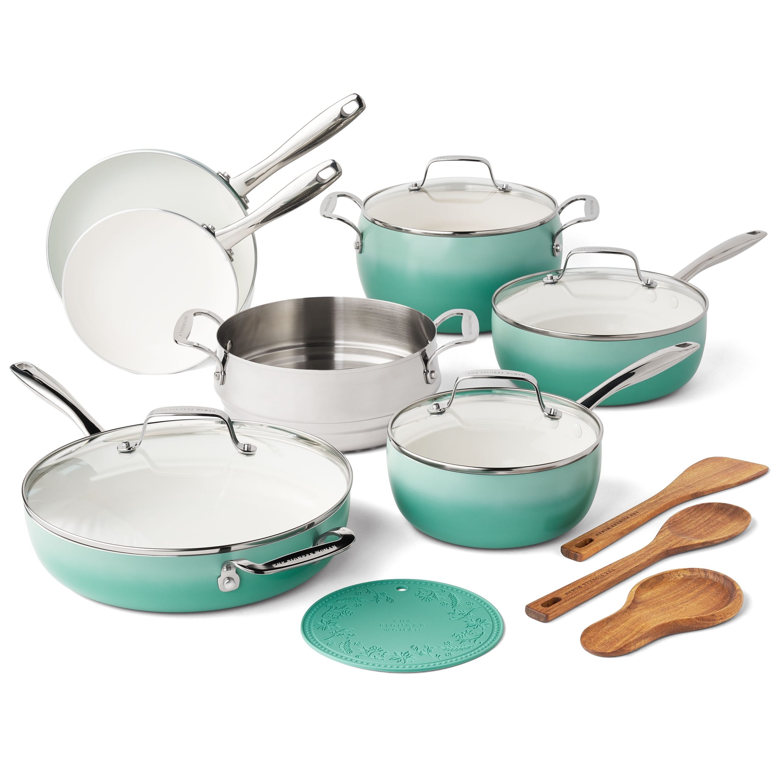 Green ceramic nonstick 15 piece cookware set from Walmart, a Caraway cookware look alike