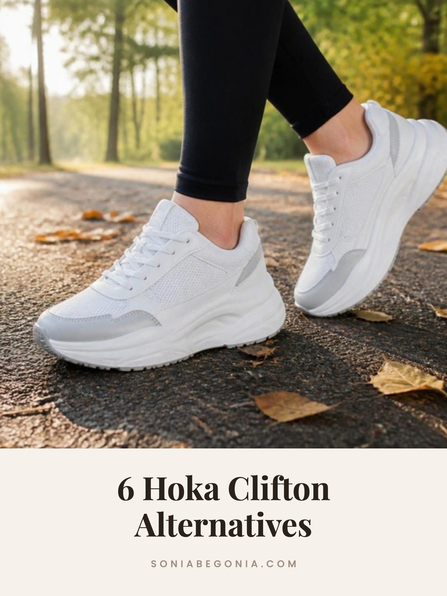 Hoka Clifton alternatives: chunky cushioned white running sneakers with black leggings on a fall park path