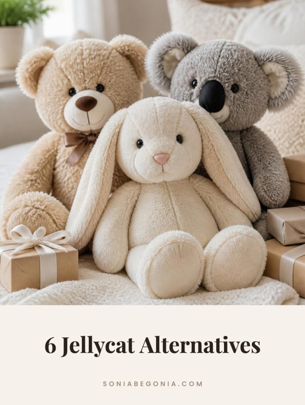 Jellycat alternatives: soft plush bunny, teddy bear and koala on a cream knit blanket with gifts