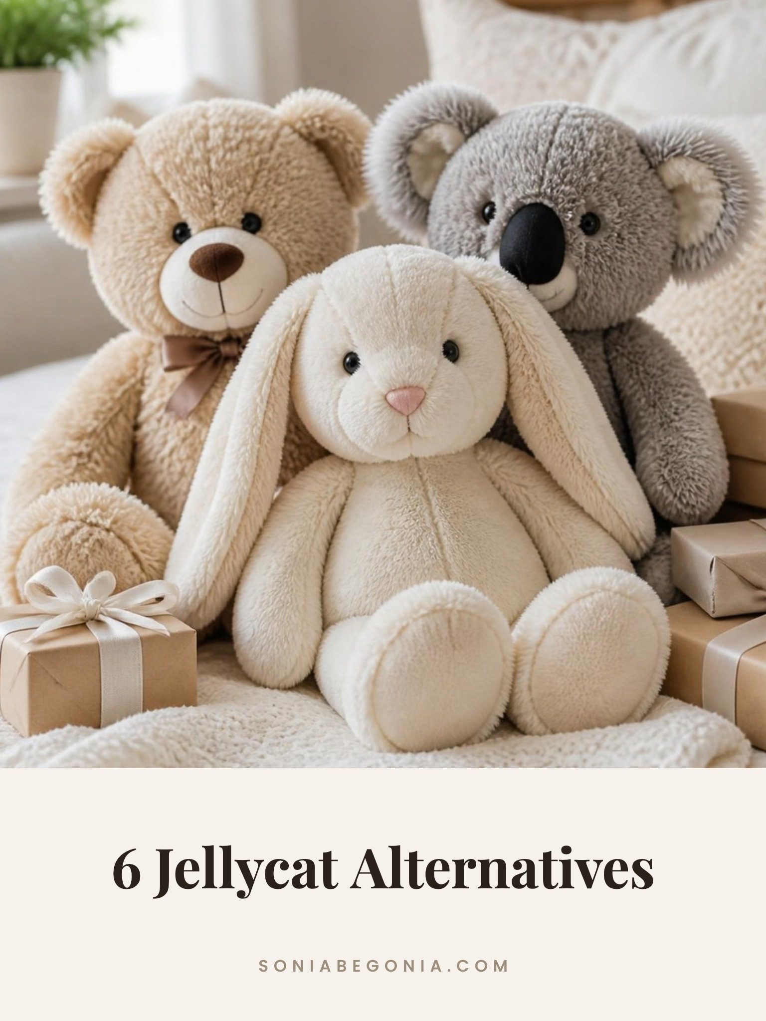 Jellycat alternatives: soft plush bunny, teddy bear and koala on a cream knit blanket with gifts