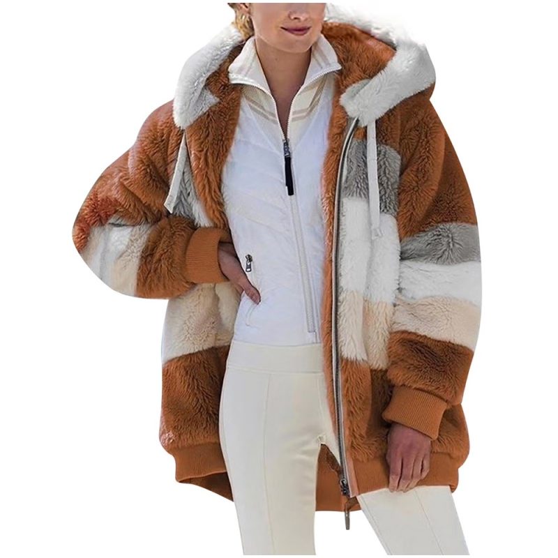 Brown and cream color block plush sherpa jacket with hood from Walmart, a Free People Hit the Slopes jacket alternative