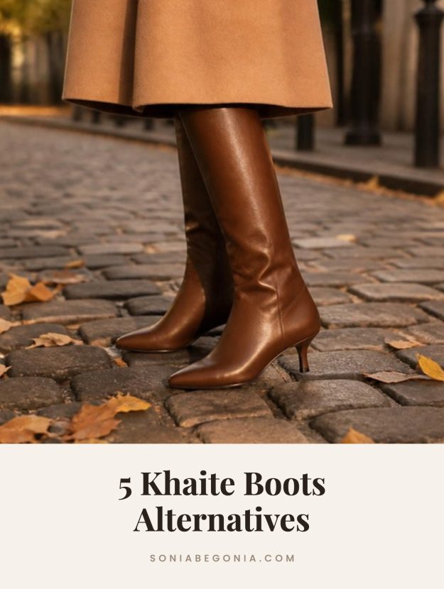 Khaite boots alternatives: brown leather knee high boots with a kitten heel on a cobblestone street