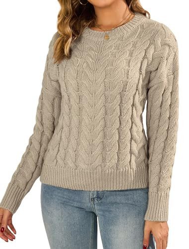 Khaki ZAFUL cable knit crewneck sweater from Amazon, a Ralph Lauren cable knit sweater alternative