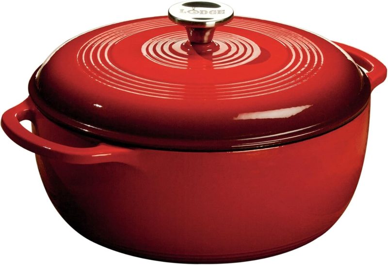 Lodge 6 quart enameled cast iron Dutch oven in Island Spice Red, a Le Creuset Dutch oven alternative
