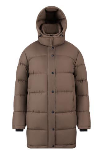 Long coffee colored Orolay hooded quilted puffer coat from Amazon, a Lululemon Wunder Puff long jacket alternative