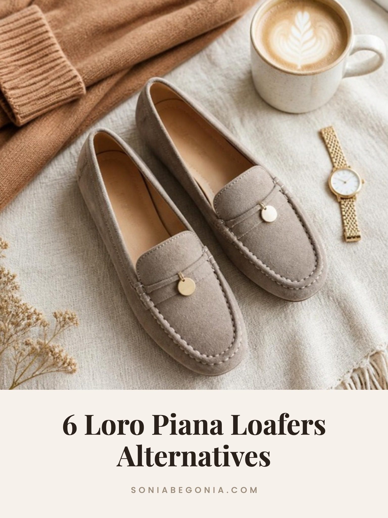 Loro Piana loafers alternatives: taupe suede moccasin loafers with a small gold charm on a cream throw