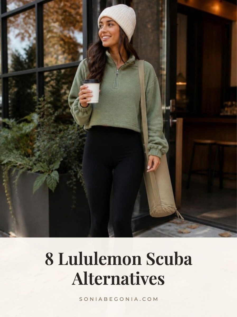 Lululemon Scuba alternatives: woman wearing a sage green fleece half zip, black leggings, white sneakers and a cream beanie outside a cafe